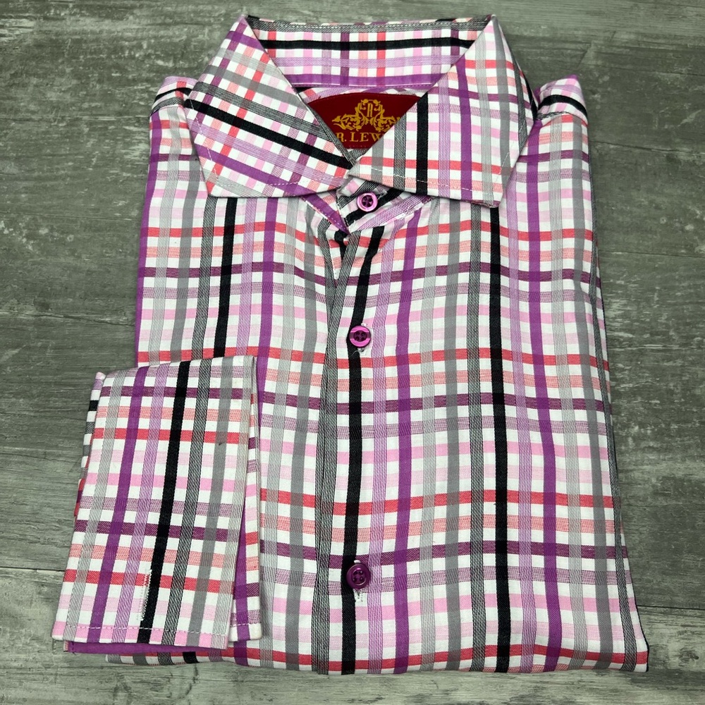 R. Lewis White, Pink, Grey & Purple Plaid Dress Shirt 17 36/37